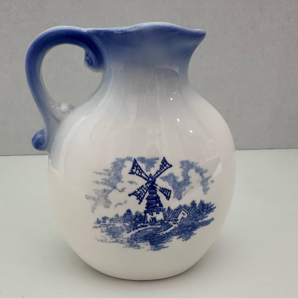 Vintage Dutch Windmill Blue and White Pitcher With Side Pour